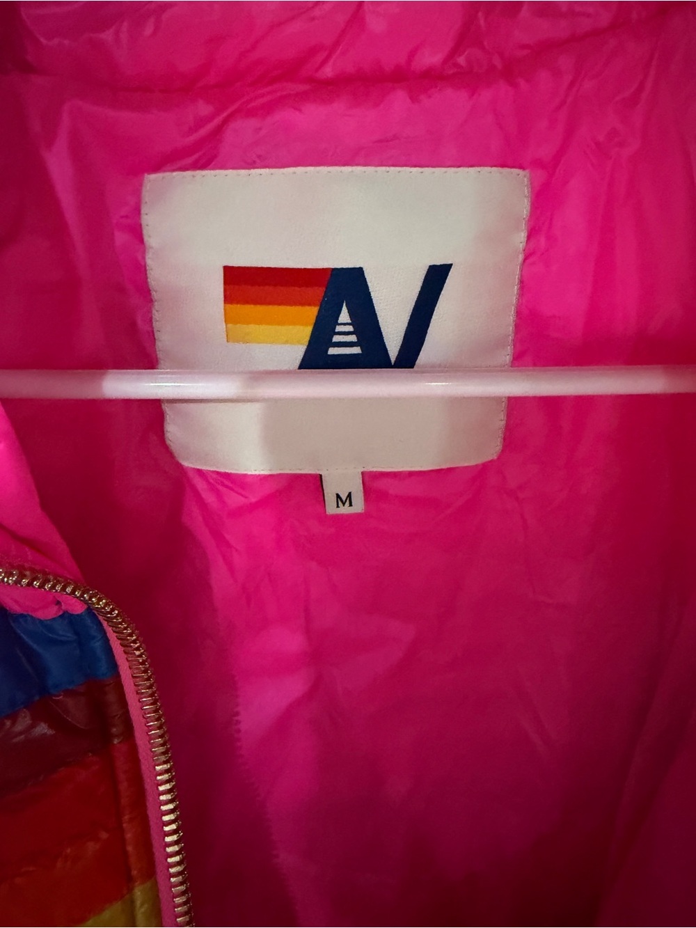 Aviator Nation women’s Bright Pink Puffer Jacket with Rainbow Stripe - Picture 4 of 4